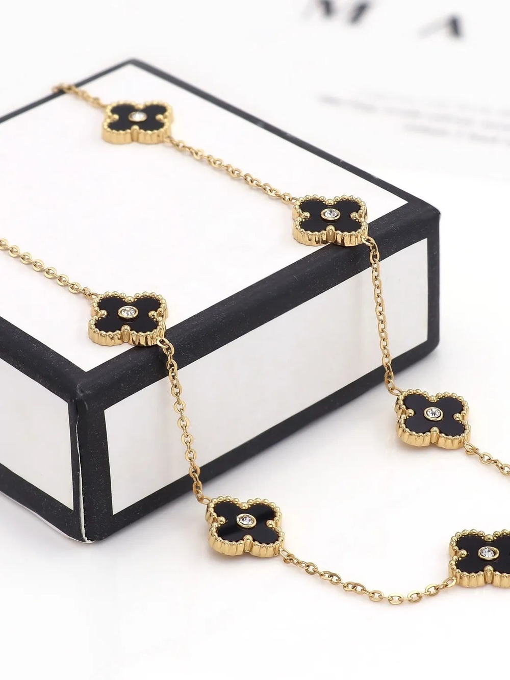 Gold Black Clover-Link Pendant Necklace